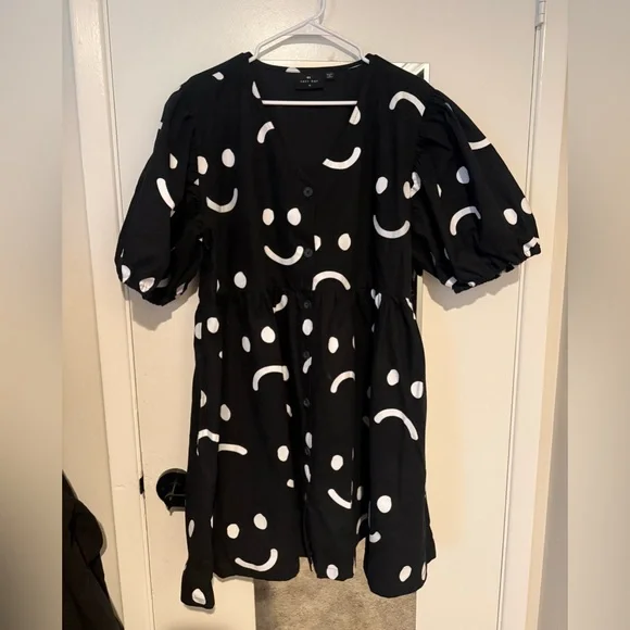 Lazy Oaf Black Happy Sad Puff Sleeve Mini Dress with White Smiley Faces Plus 18 - Picture 5 of 7